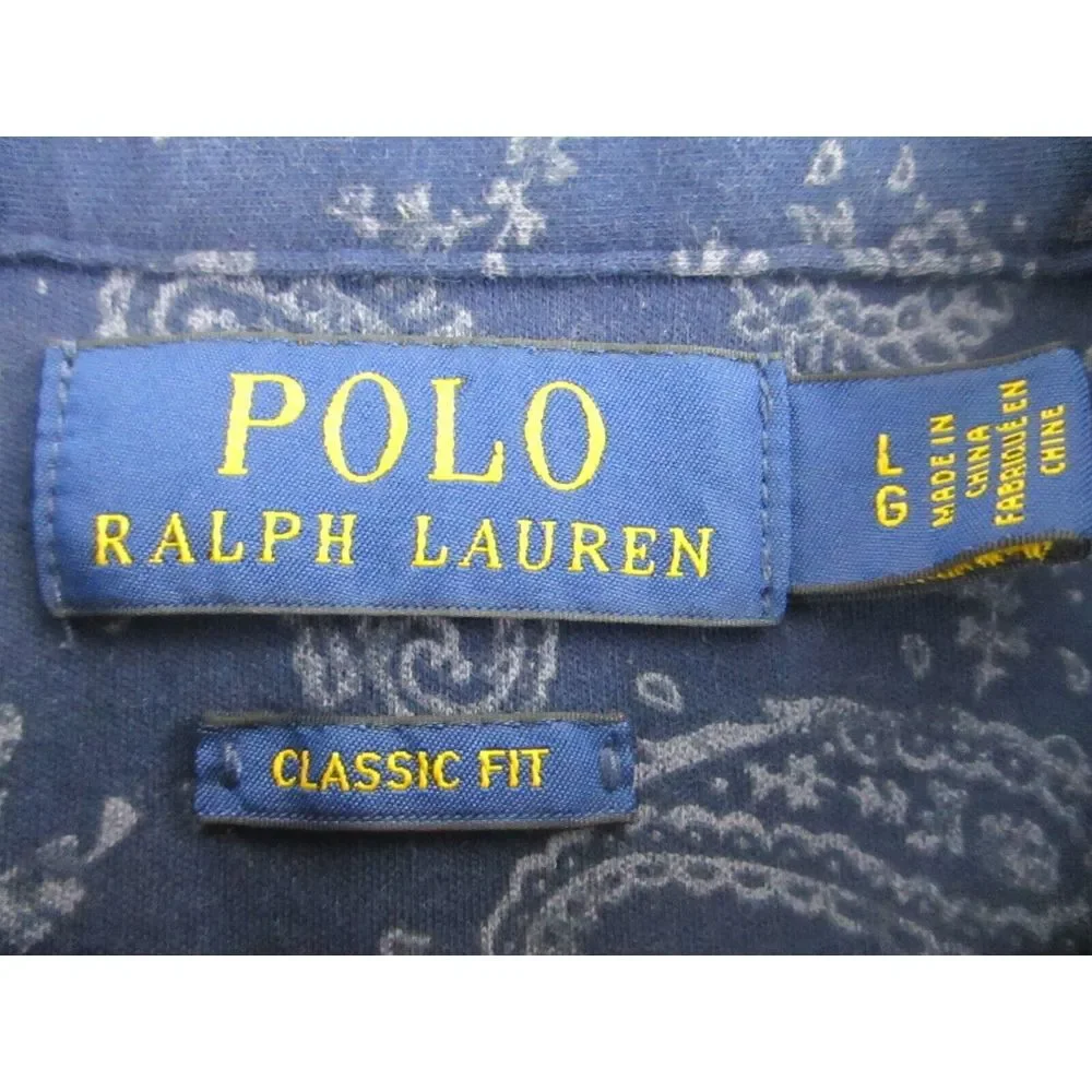 Ralph Lauren Polo Shirt Mens L Classic Fit Blue‎ Paisley AOP Short Sleeve Golf